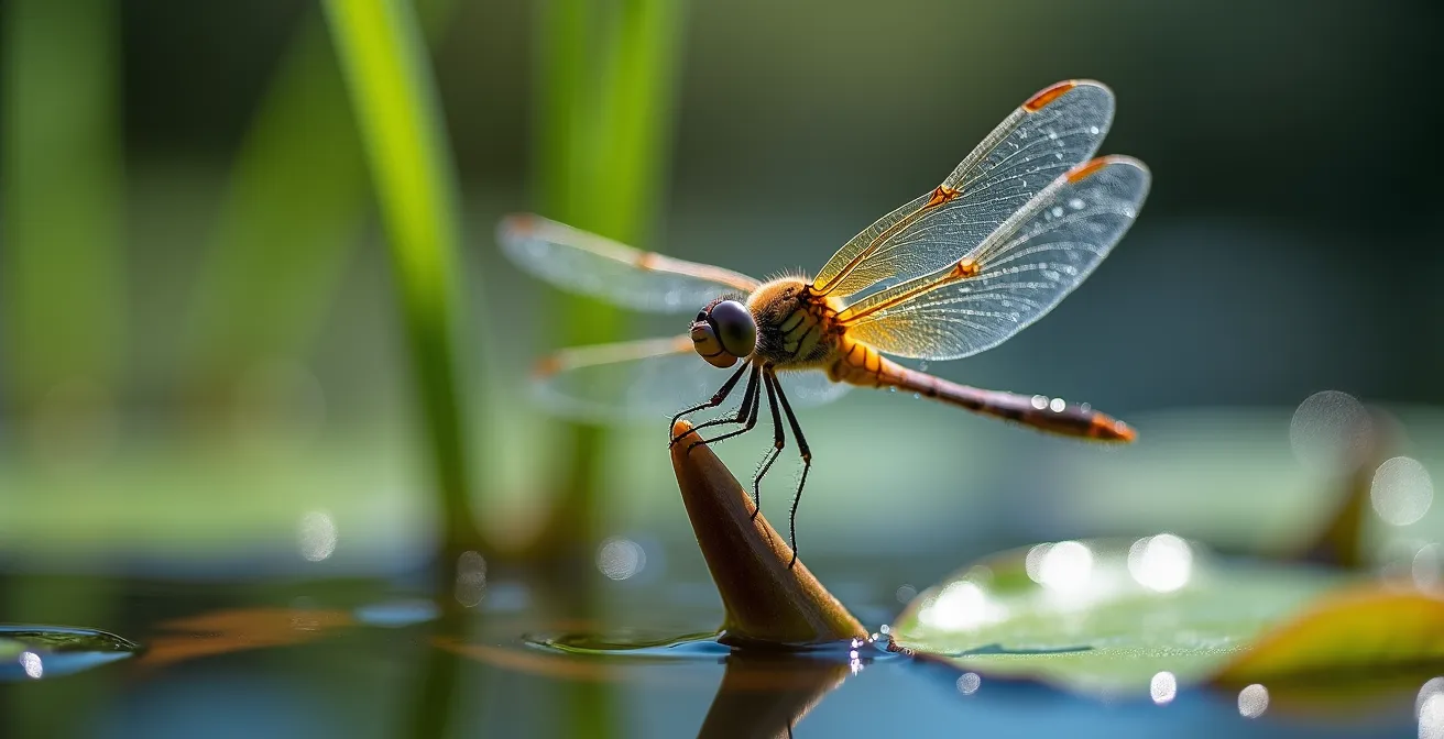 Mare naturelle dans un jardin avec libellules et grenouilles sur les berges en pente douce