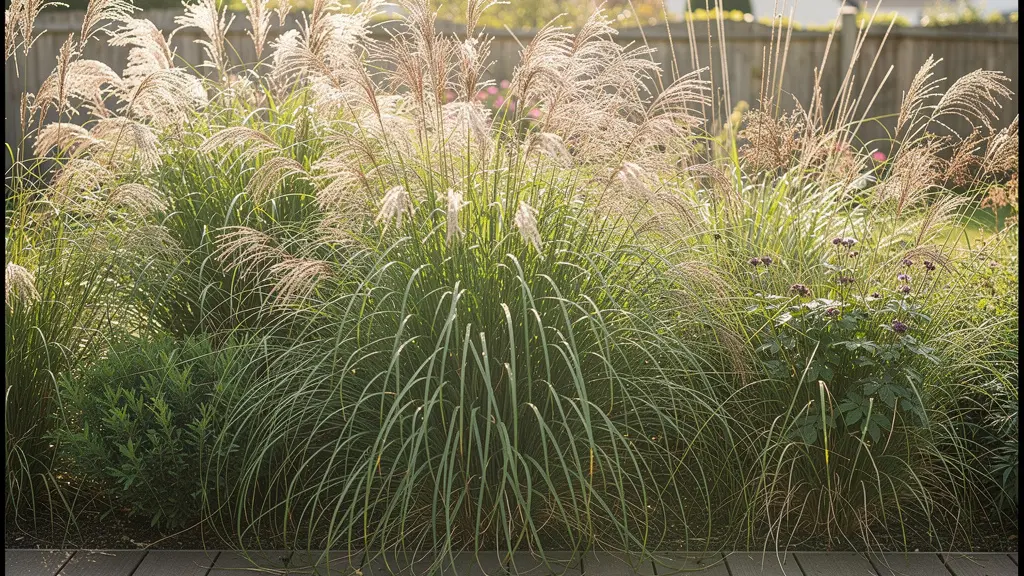 Massif de graminées ornementales filtrant la lumière en bordure de terrasse