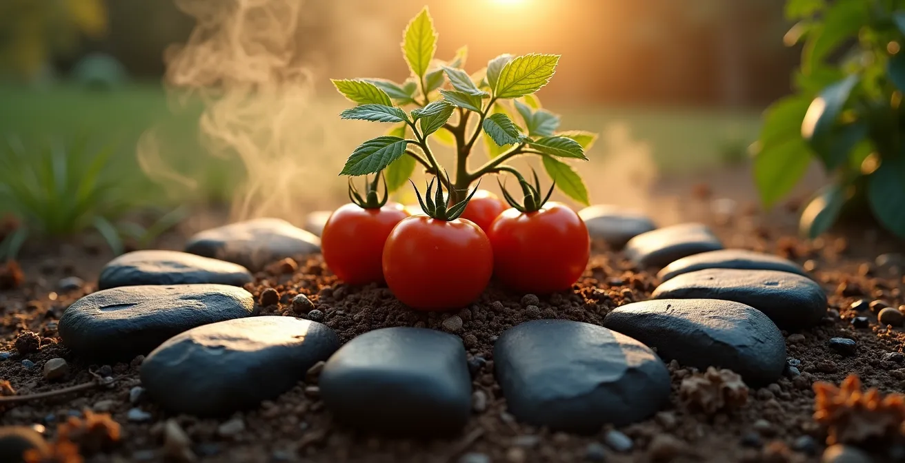 Pierres d'ardoise disposées autour d'un pied de tomate avec paillage organique créant un microclimat protecteur