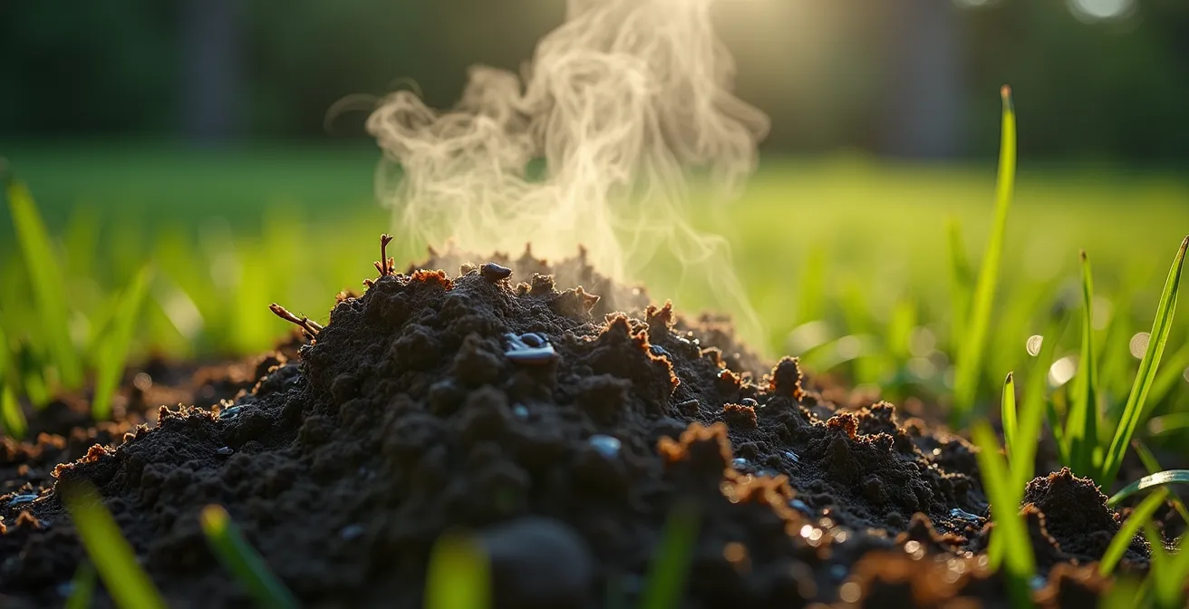 Gros plan sur une couche de mulch humide compactée montrant les signes de fermentation