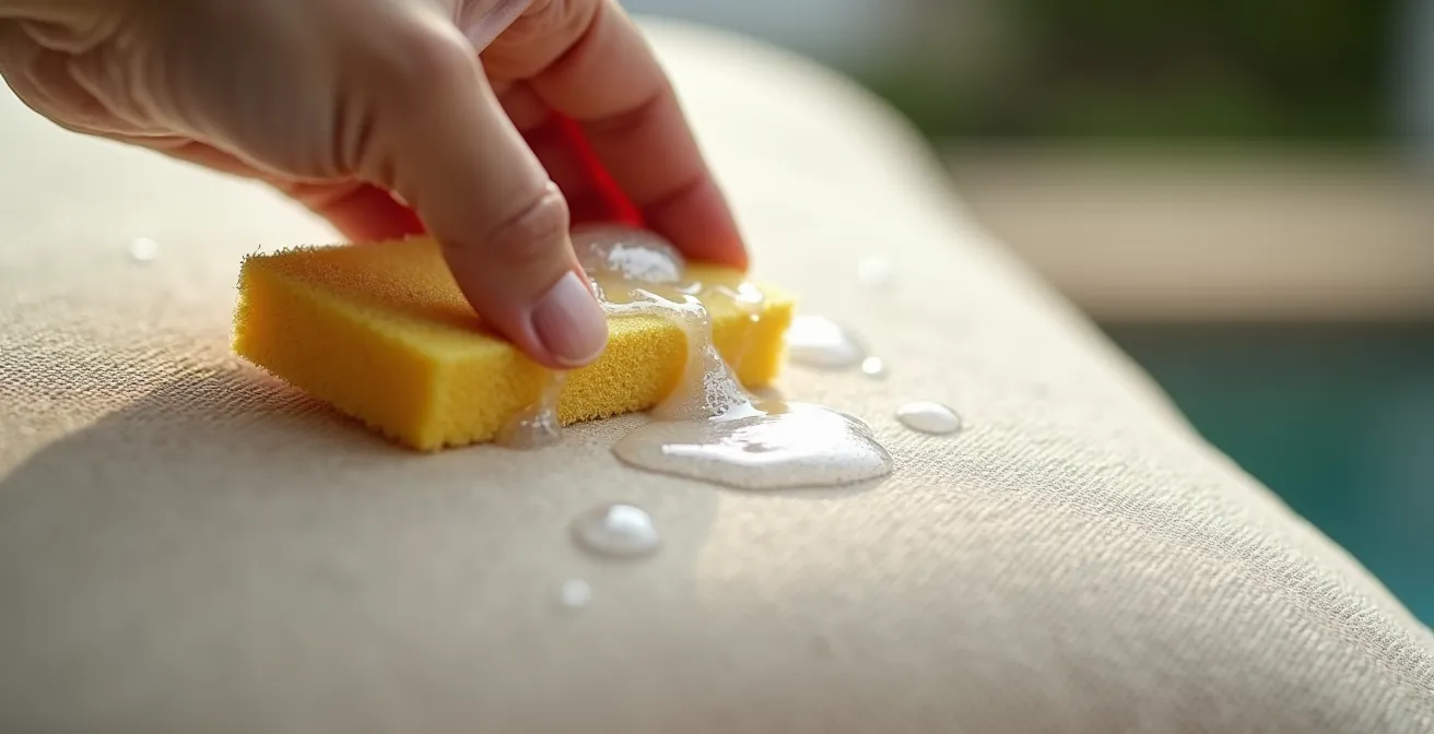 Gros plan sur le nettoyage délicat d'un coussin déperlant avec du savon de Marseille