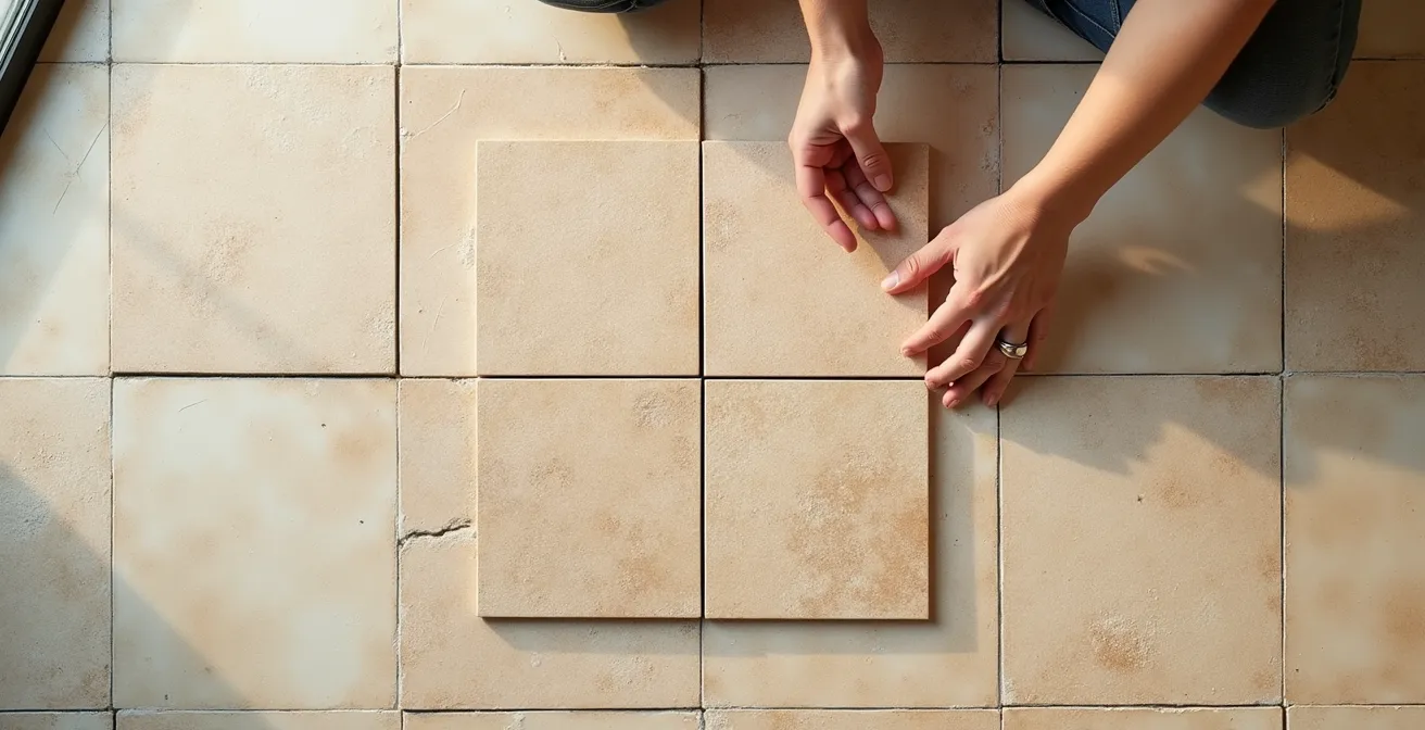 Vue aérienne d'un motif opus romain en travertin avec quatre formats de dalles