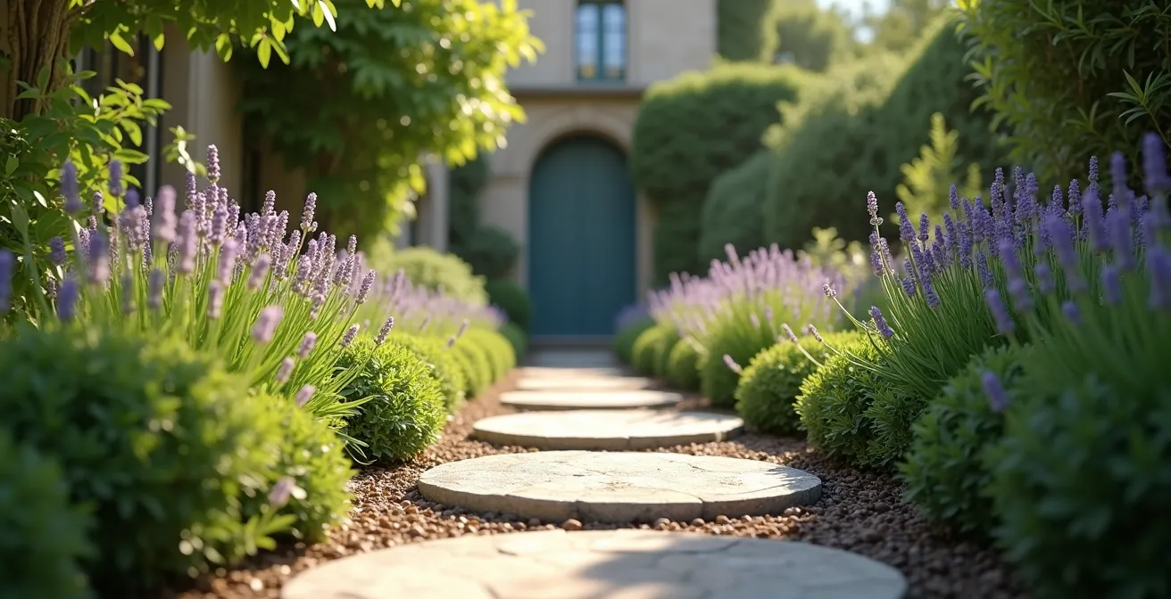 Allée courbe de pas japonais créant une perspective dans un petit jardin français