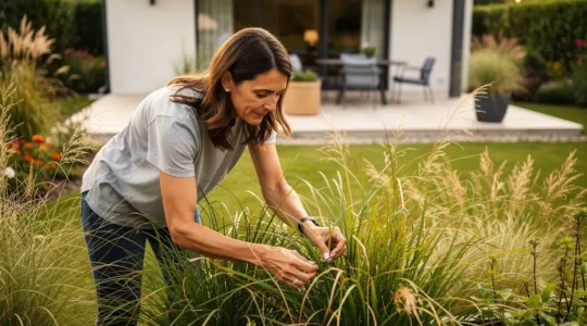 Paysagiste inspectant un massif de graminées ornementales dans un jardin résidentiel francilien