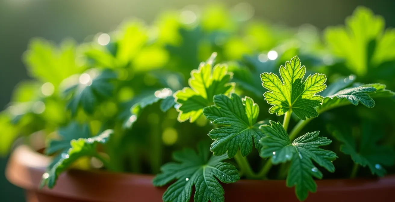 Persil prospérant à l'ombre d'un plant de tomate en pot sur balcon français