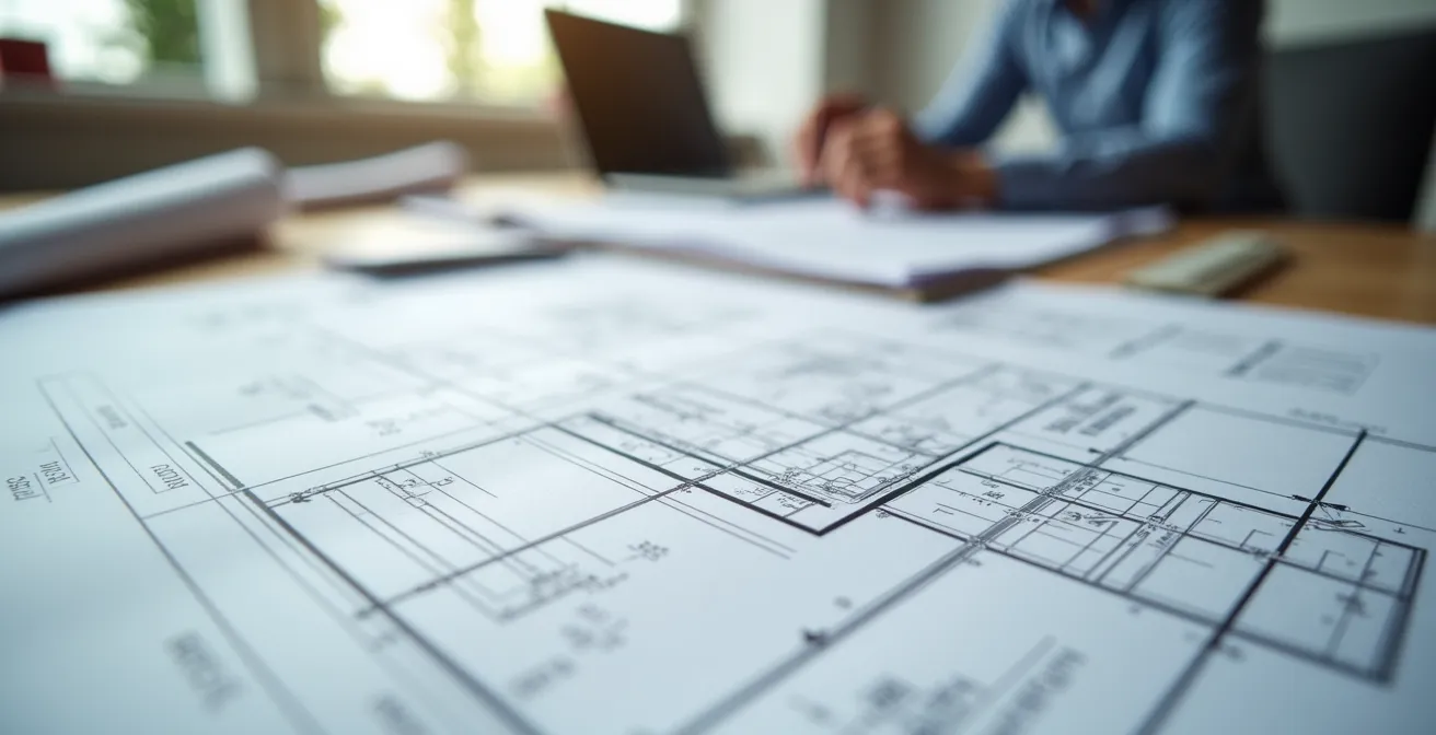 Bureau avec documents administratifs et plans de pergola étalés pour déclaration préalable