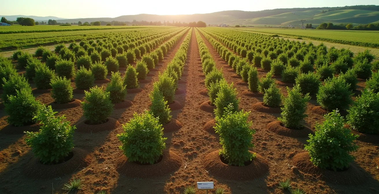 Vue aérienne d'une plantation de haie en double rang montrant le principe du quinconce