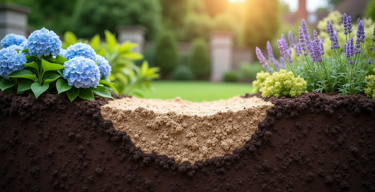 Coupe transversale d'un jardin montrant différentes poches de culture avec amendements de sol adaptés