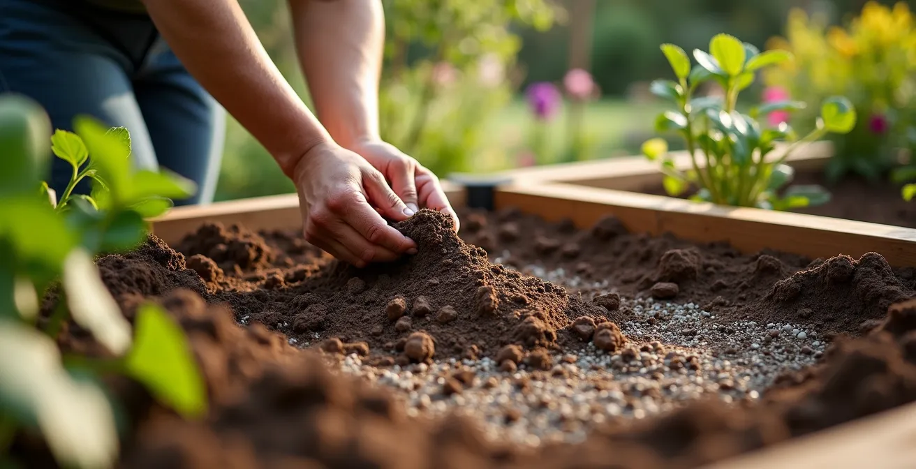 Coupe transversale montrant la préparation du sol avec drainage pour laurier rose