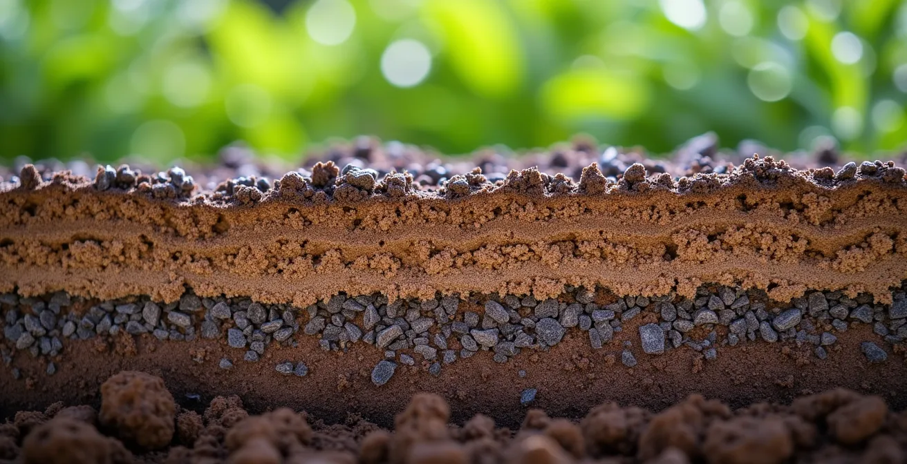 Coupe transversale d'une butte de plantation pour lavande montrant les couches de drainage avec pouzzolane et terre amendée