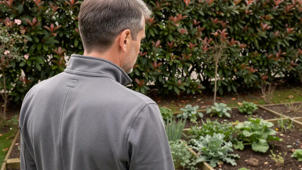 Propriétaire observant ses plantations dans un jardin de banlieue parisienne avec haie de photinia