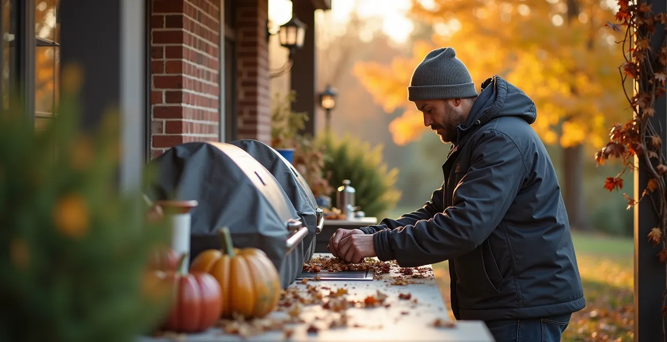 Vue d'ensemble d'une cuisine d'été protégée pour l'hiver avec bâches et équipements couverts