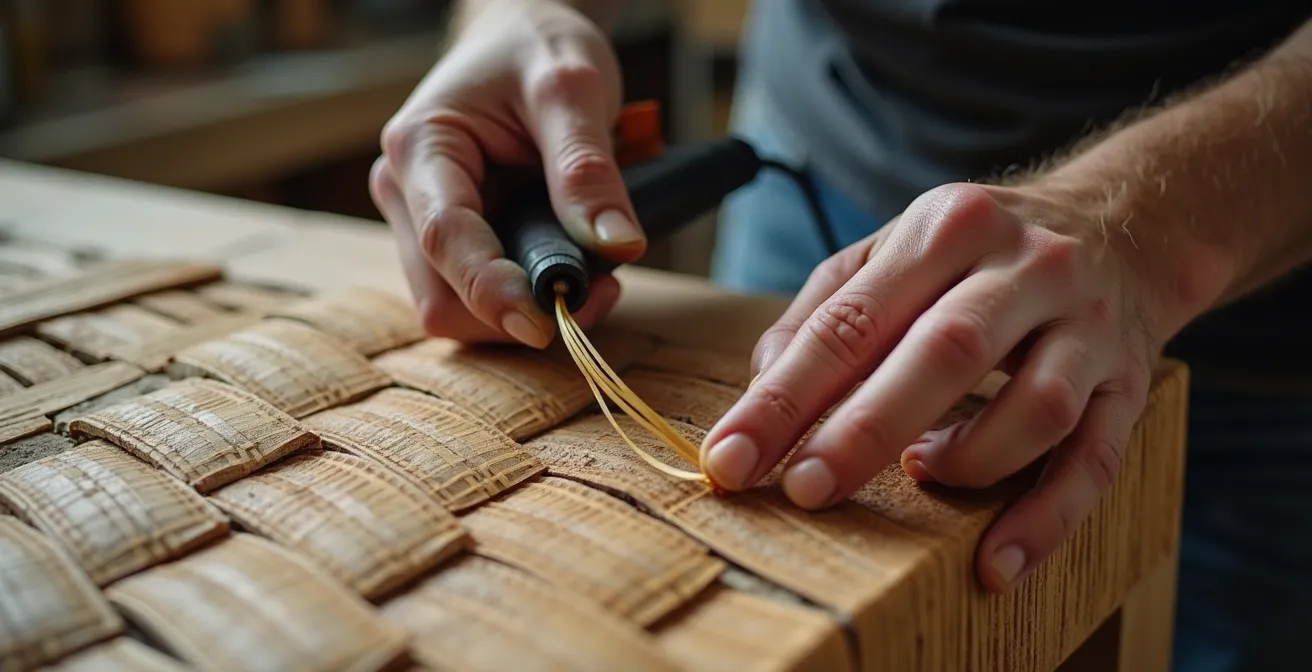 Mains expertes réparant un brin de résine tressée avec un décapeur thermique