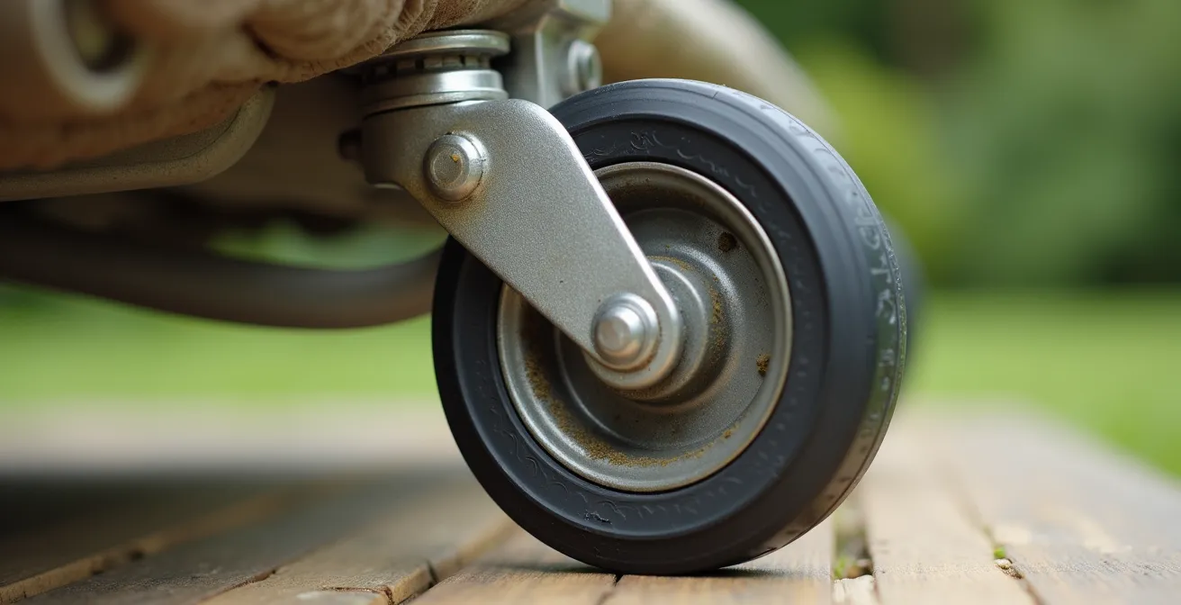 Gros plan sur des roulettes de transat avec système de roulement à billes en inox
