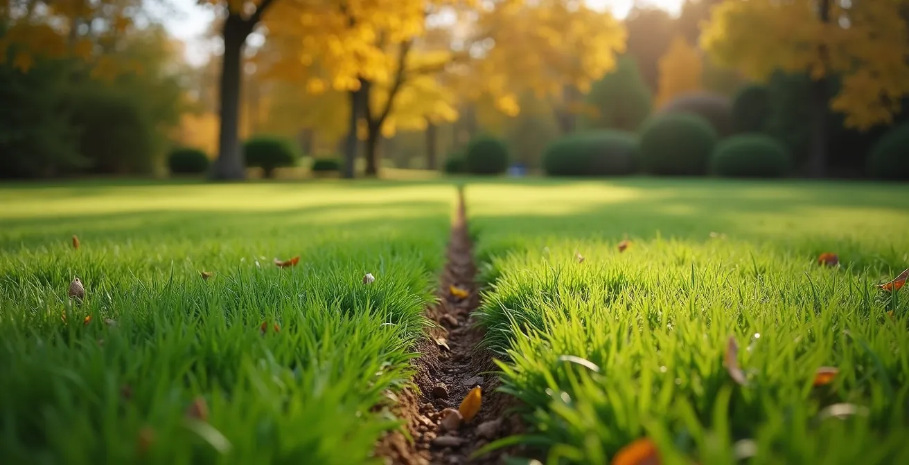 Vue d'ensemble d'une pelouse en cours de scarification montrant les sillons et l'extraction du feutre