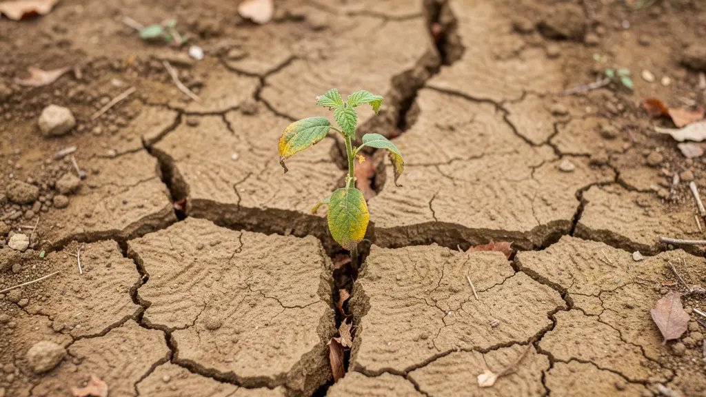 Gros plan sur sol argileux craquelé avec jeune plant en difficulté dans un jardin d'Essonne