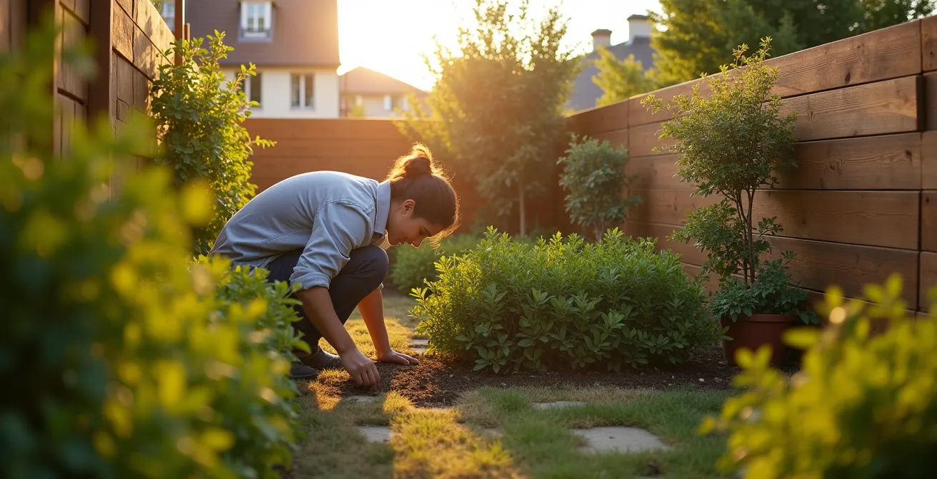 Installation progressive d'un claustra temporaire avec jeune haie végétale en croissance devant