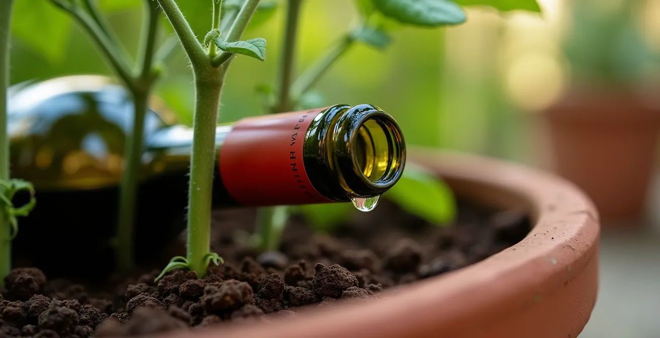 Système d'arrosage par capillarité fait maison avec bouteilles en verre sur balcon