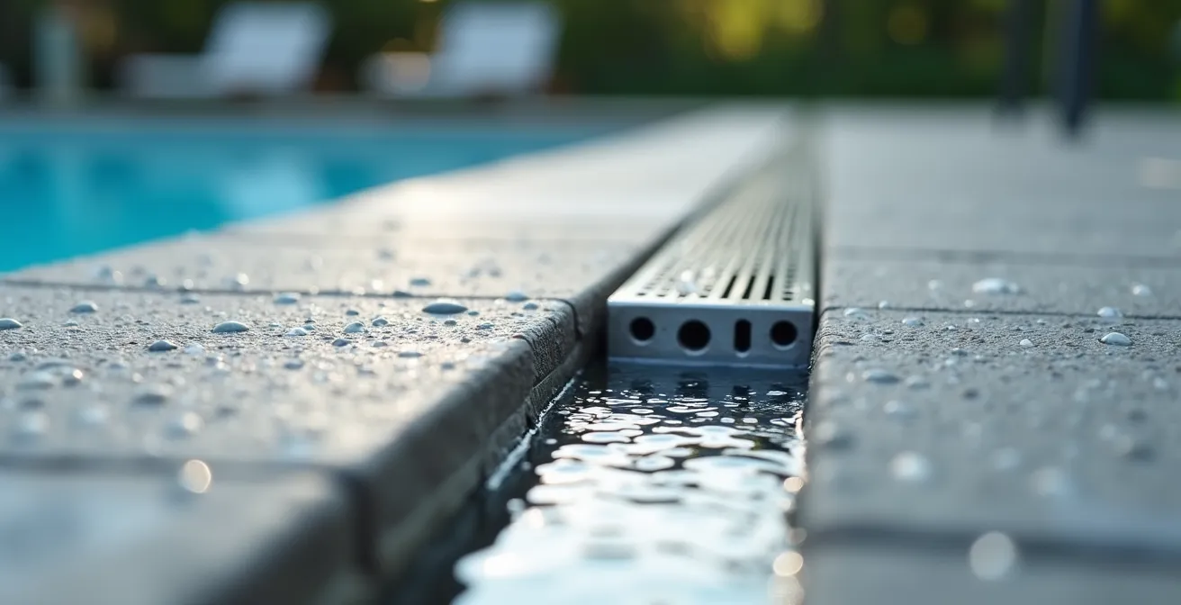 Système de drainage moderne avec caniveau à fente intégré dans une plage de piscine en pierre naturelle