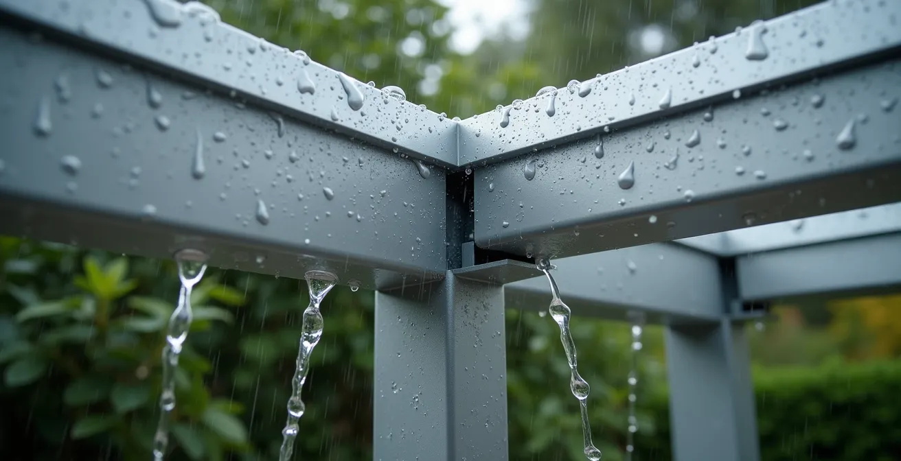 Détail architectural du système d'évacuation d'eau intégré dans les poteaux d'une pergola