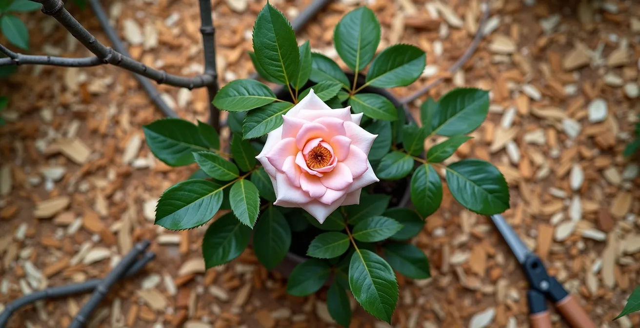 Vue aérienne d'un rosier montrant la taille d'aération du centre avec suppression des brindilles faibles