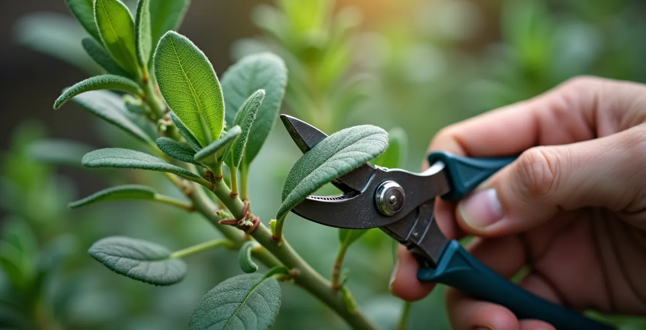 Vue en coupe d'un pied de sauge montrant la technique de taille pour éviter le dégarnissement central