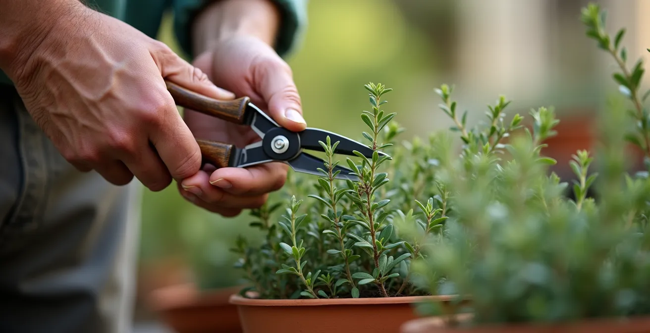 Mains taillant délicatement le thym avec un sécateur sur les parties vertes