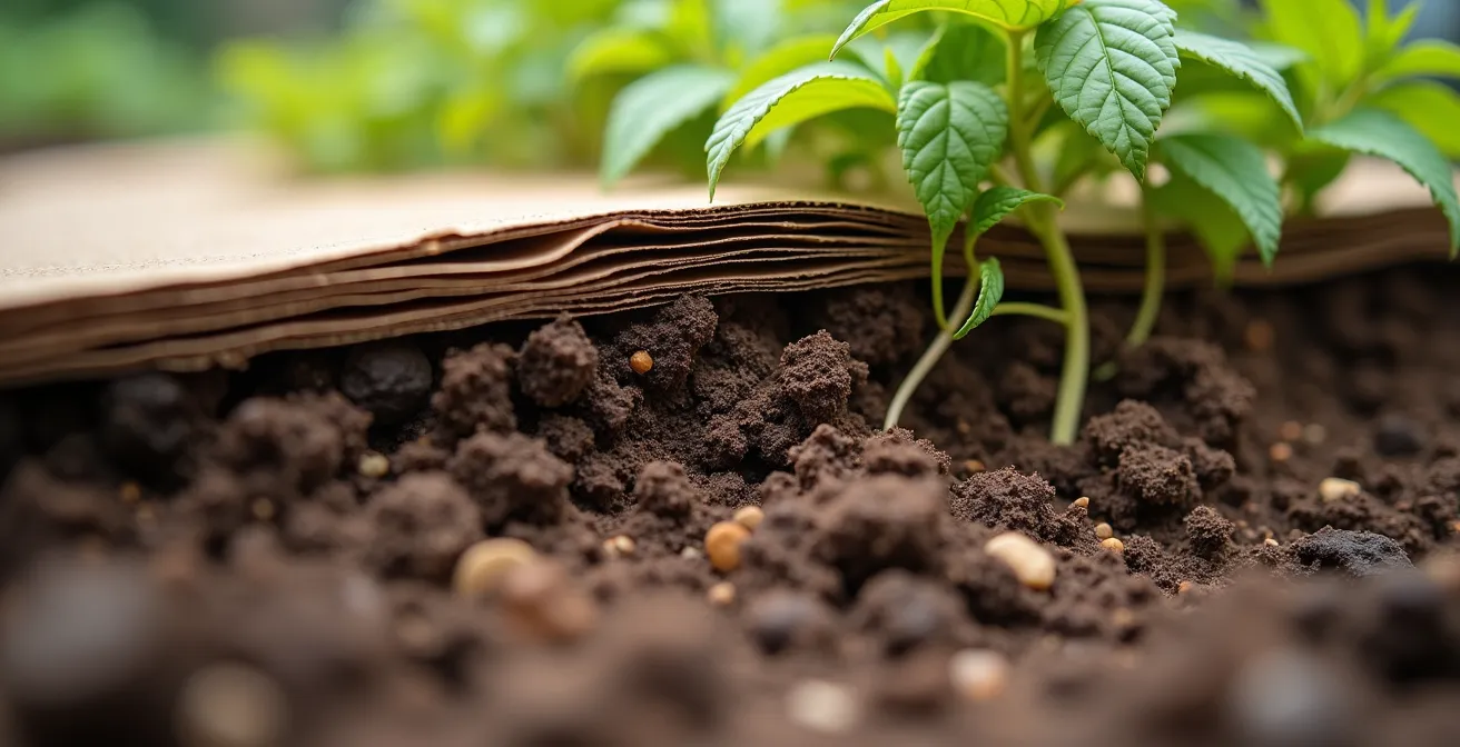 Vue en coupe d'un paillage en deux couches avec cartons bruns et paillis de chanvre pour bloquer le liseron