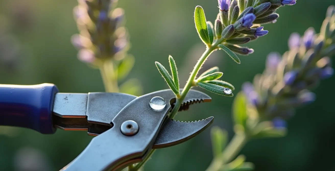 Gros plan macro sur la taille d'une lavande montrant la technique provençale de coupe au-dessus du feuillage vert