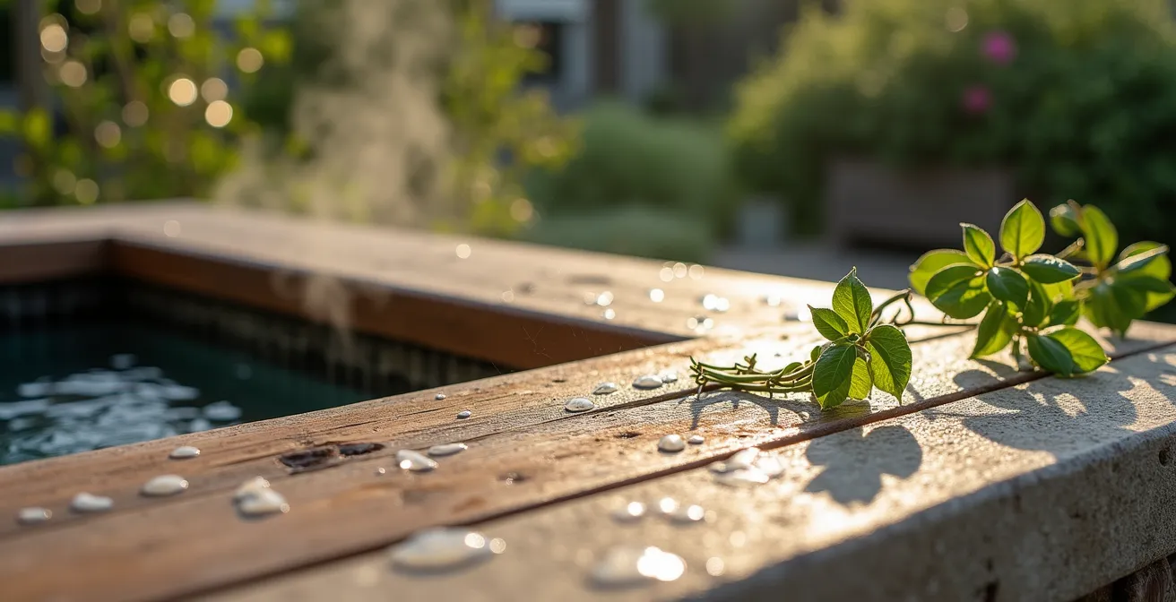 Vue aérienne d'une terrasse aménagée avec spa intégré et cuisine d'été