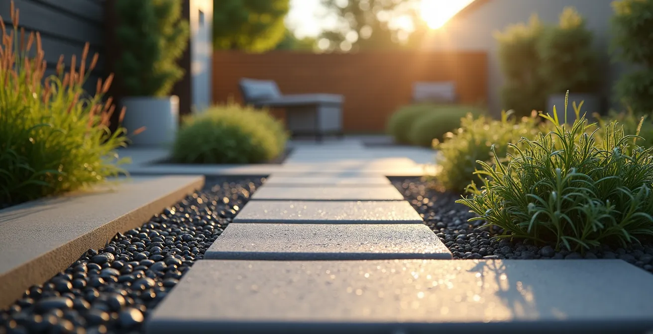 Terrasse moderne avec dalles drainantes et système de récupération d'eau intégré vers jardin sec