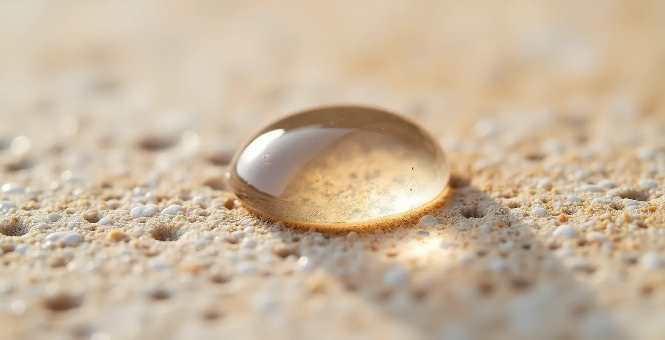 Test de la goutte d'eau sur travertin montrant l'effet perlant de l'hydrofuge