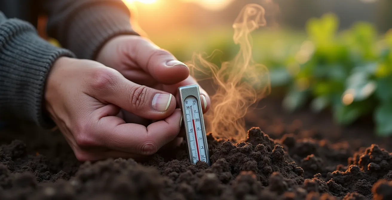 Jardinier mesurant la température du sol avec thermomètre dans potager d'hiver brumeux