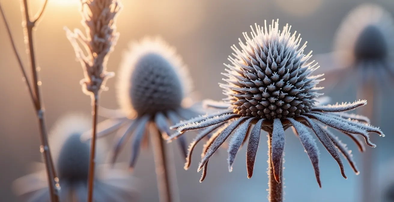 Tiges sèches de graminées et capitules d'échinacées givrés créant une structure graphique hivernale