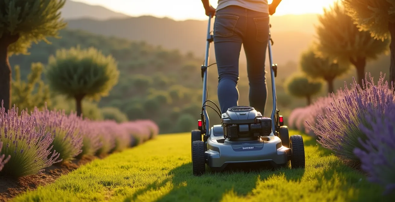 Tondeuse autotractée gravissant une pente douce dans un jardin provençal