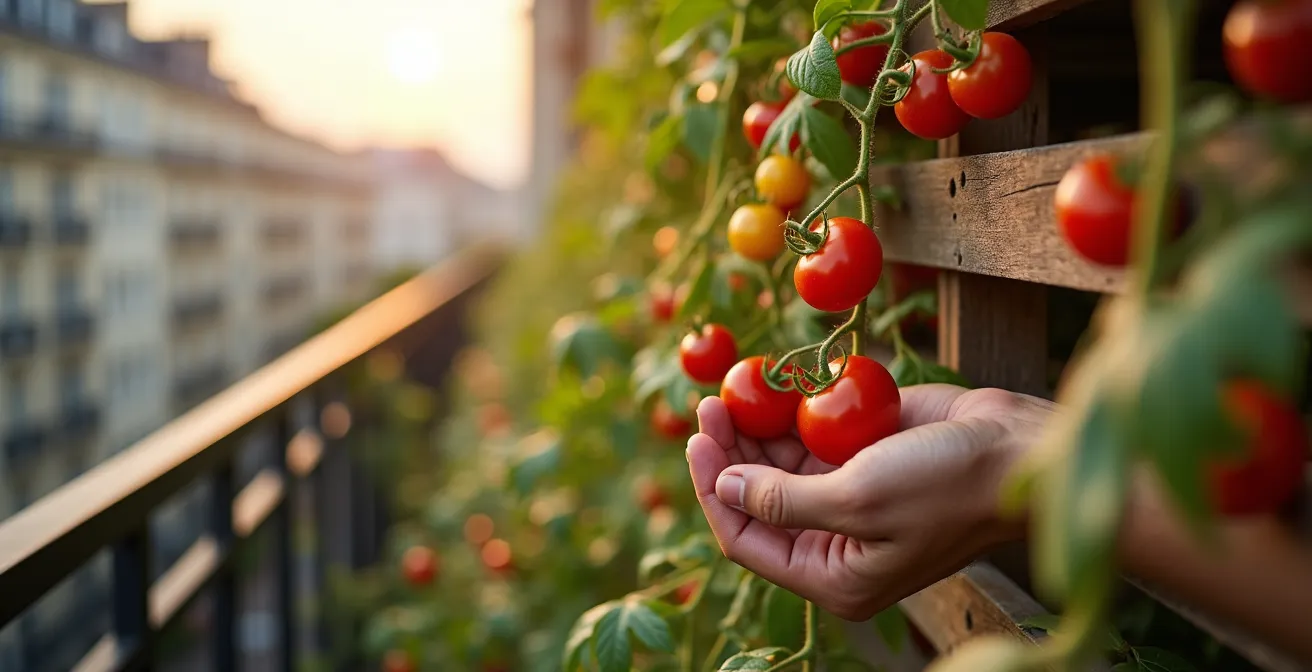 Structure verticale en bois avec tomates cerises en cascade sur balcon haussmannien