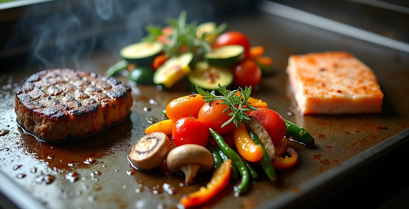 Vue de dessus d'une plancha 3 feux avec zones de température différenciées pour viande et légumes